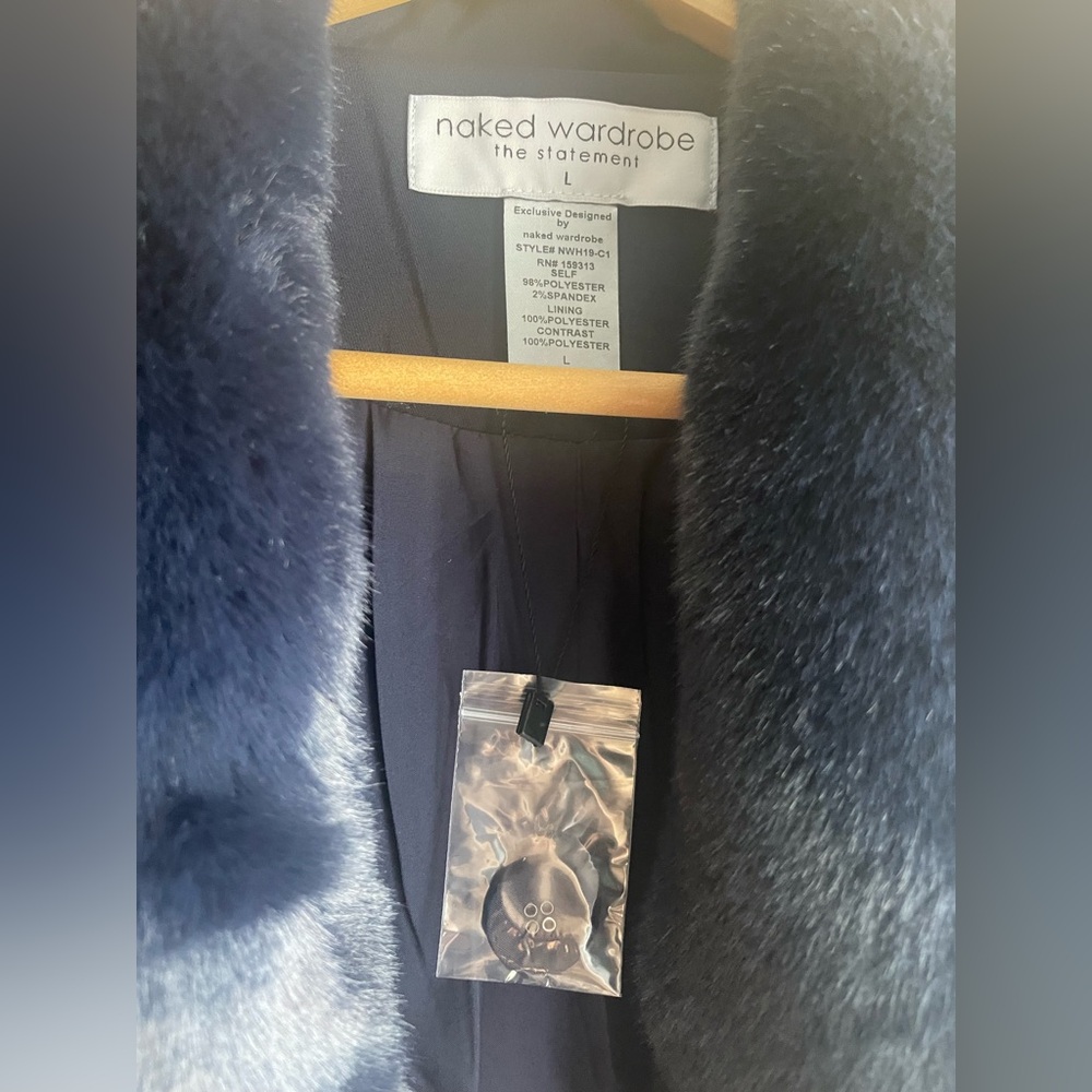 New Naked Wardrobe Women Navy Blue Long Coat Jacket Button Belts Pockets Large - Picture 8 of 11
